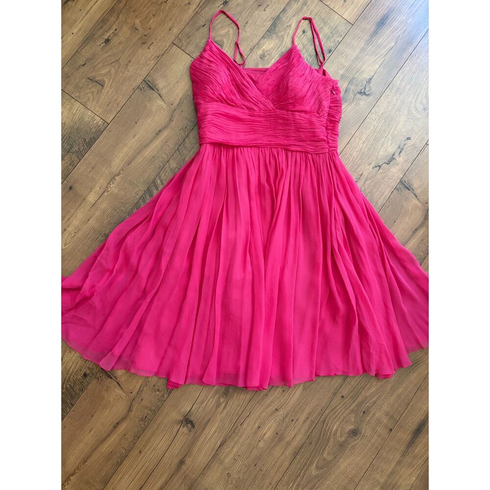 100% Silk Fuschia Spaghetti Strap Summer Dress Empire Ruched Y2K Semi-Formal Sut